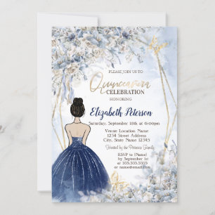Navy Blue Dress Girl, Blue Flowers Quinceanera Invitation