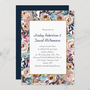 Navy Blue Dusk Blue Mauve Gold Wedding   Invitation