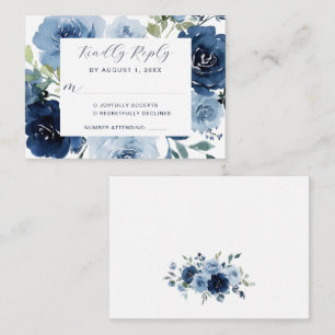 Navy Blue Dusty Blue Elegant Floral Wedding RSVP Enclosure Card