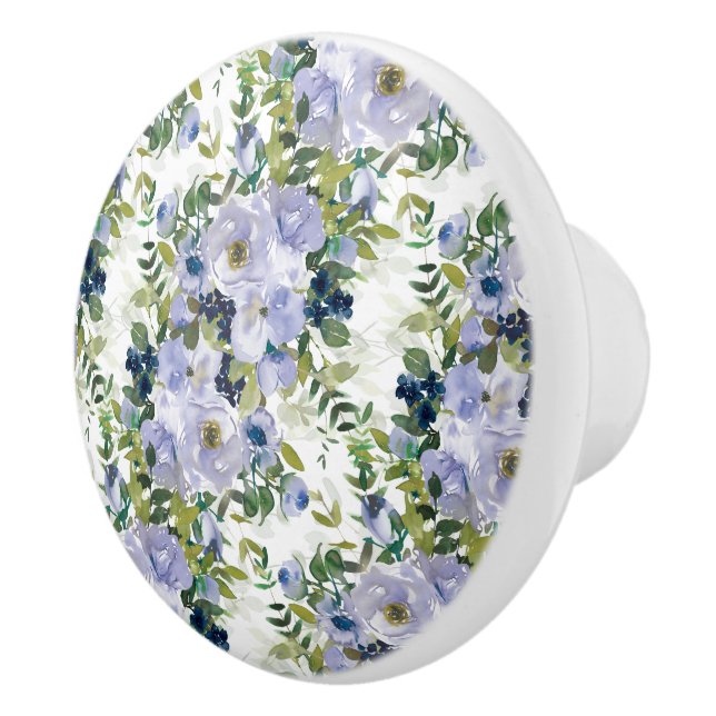 Navy Blue Dusty Blue Floral White Springtime Ceramic Knob (Right)