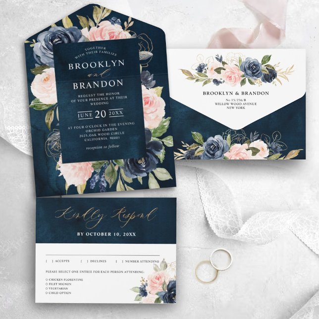 Navy Blue Dusty Blush Pink Floral Wedding  All In One Invitation (Creator Uploaded)