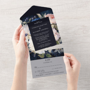 Navy Blue Dusty Blush Pink Floral Wedding  All In One Invitation