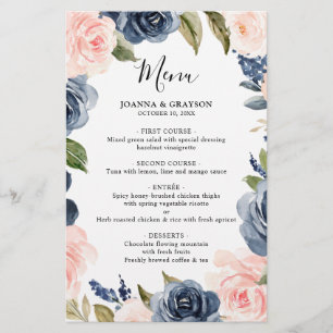 Navy Blue Dusty Blush Pink Floral Wedding Menu