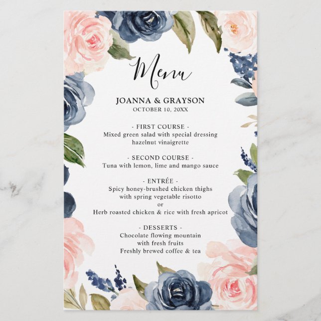 Navy Blue Dusty Blush Pink Floral Wedding Menu (Front)