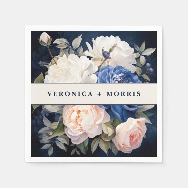 Navy Blue & Dusty Blush Pink Floral Wedding Napkin (Front)