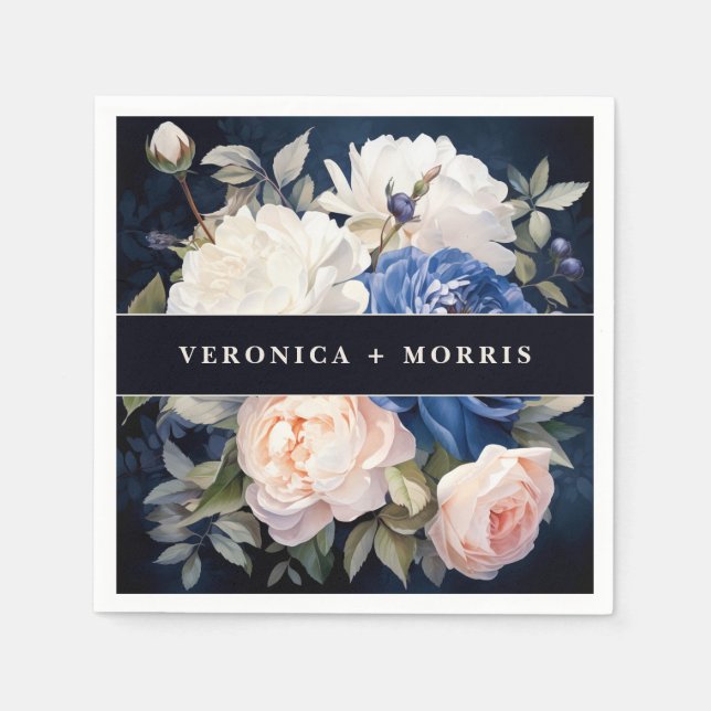 Navy Blue & Dusty Blush Pink Floral Wedding Napkin (Front)