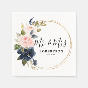 Navy Blue Dusty Blush Pink Floral Wedding  Napkin