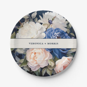 Navy Blue & Dusty Blush Pink Floral Wedding  Paper Plate