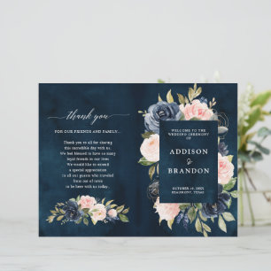 Navy Blue Dusty Blush Pink Floral Wedding Program