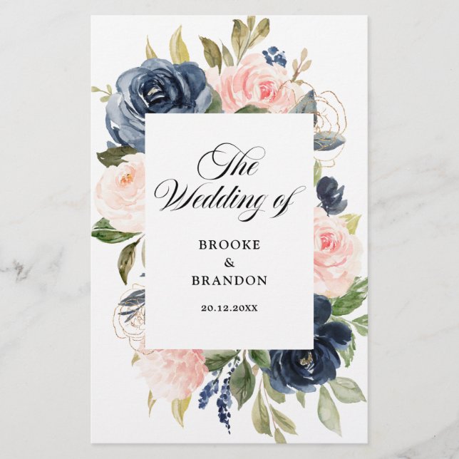Navy Blue Dusty Blush Pink Floral Wedding Program (Front)