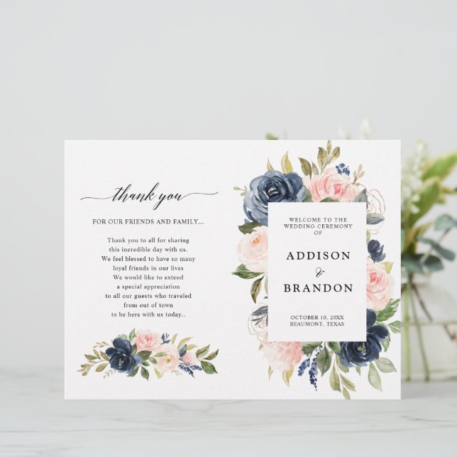 Navy Blue Dusty Blush Pink Floral Wedding Program (Standing Front)