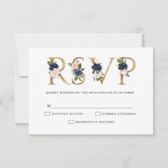 Navy Blue Dusty Blush Pink Floral Wedding RSVP (Front)