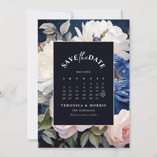 Navy Blue & Dusty Blush Pink Floral Wedding Save The Date (Front)