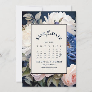 Navy Blue & Dusty Blush Pink Floral Wedding Save The Date
