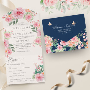 Navy  Blue Dusty Blush Pink & Peach Floral Wedding All In One Invitation