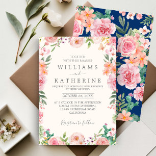 Navy Blue Dusty Blush Pink & Peach Floral Wedding Invitation