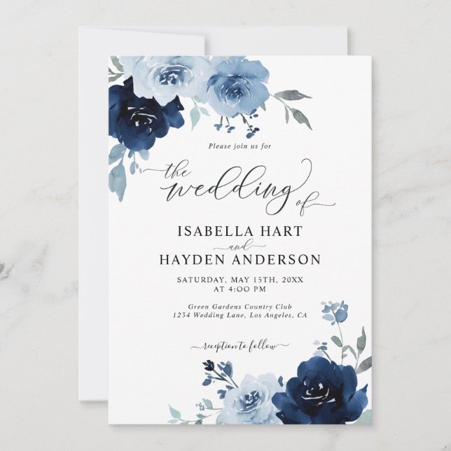 Navy Blue Dusty Floral Light All In One QR Wedding Invitation (Front)