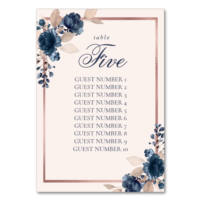 Navy Blue Dusty Pink Table Number Seating Chart (Front)