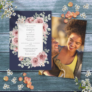 Navy Blue Dusty Rose Floral Gold Wedding Photo Invitation