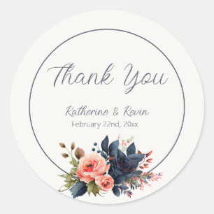  Navy Blue Dusty Rose Floral Wedding Classic Round Sticker