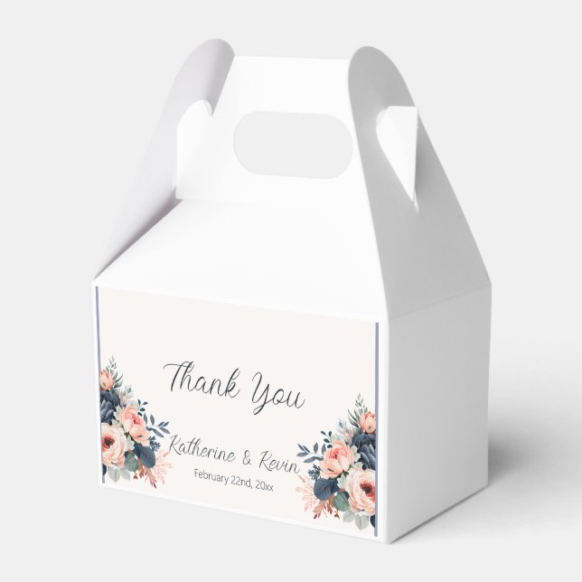 Navy Blue Dusty Rose Floral Wedding Favour Box (Front Side)