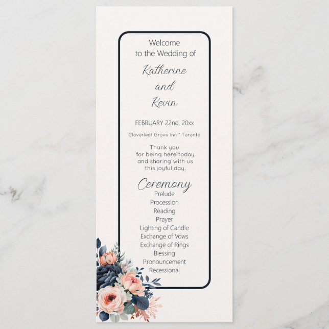  Navy Blue Dusty Rose Floral Wedding Flat Program (Front)