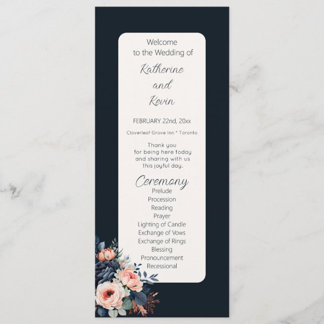  Navy Blue Dusty Rose Floral Wedding Flat Program (Front)