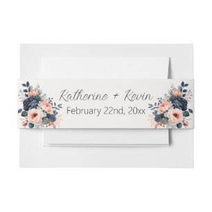 Navy Blue Dusty Rose Floral Wedding Invitation Belly Band