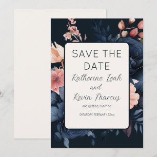 Navy Blue Dusty Rose Floral Wedding Save the Date Invitation