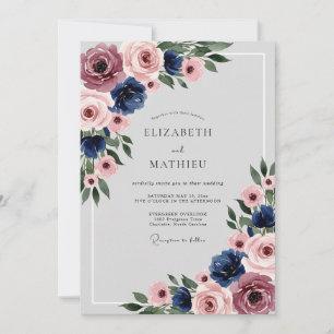 Navy Blue Dusty Rose Polished Floral Wedding Invitation