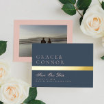 Navy Blue Dusty Rose Stripe Photo Save The Date<br><div class="desc">Please contact us for additional stationery or questions... . This card is part of a unique suite and collection.</div>