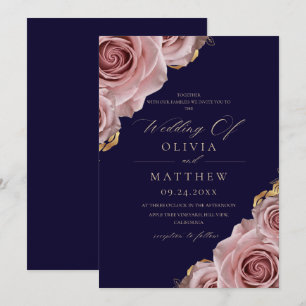 Navy Blue & Dusty Roses Elegant Modern Wedding  Invitation
