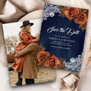 Navy Blue Dusty Terracotta Rose Wedding Photo Save The Date