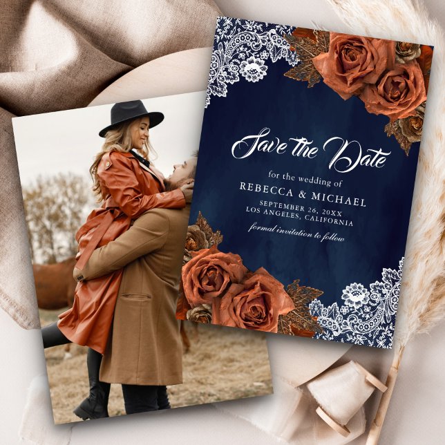 Navy Blue Dusty Terracotta Rose Wedding Photo Save The Date (Creator Uploaded)