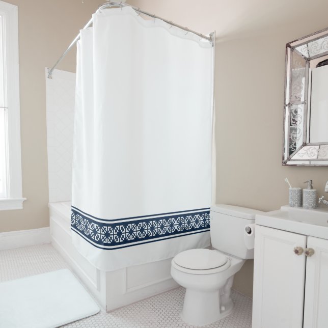 Navy Blue Eastern Border on Custom Colour Shower Curtain (In Situ)