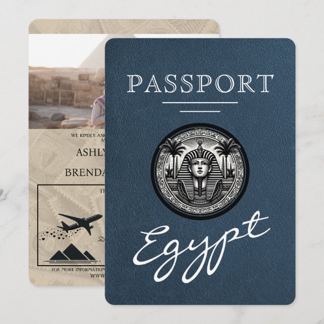Navy Blue Egypt Passport Wedding Invitation (Front/Back)