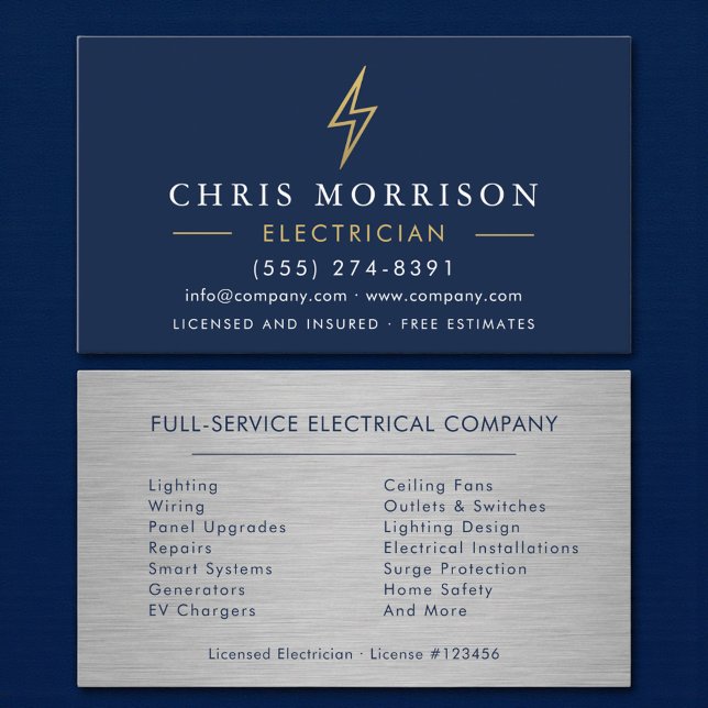 Navy Blue Electrician Metal Handyman Contractor  Business Card (Creator Uploaded)