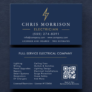 Navy Blue Electrician QR Code Modern Business Card
