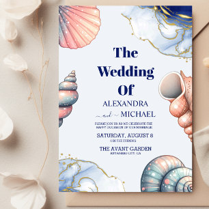 Navy Blue Elegant Beach Seashell Wedding Invitation