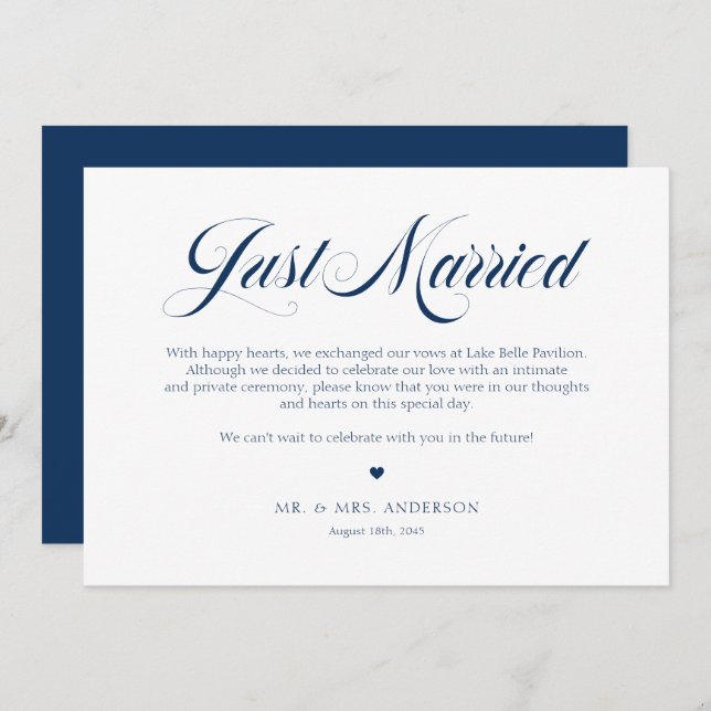 Navy Blue Elegant Bold Calligraphy Just Married Announcement (Front/Back)