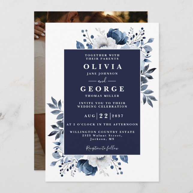 Navy Blue Elegant Botanical Floral Photo Wedding Invitation (Front/Back)