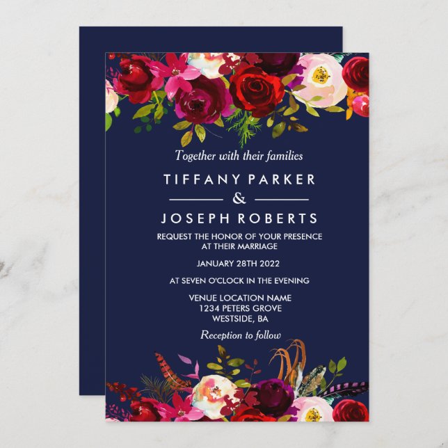 Navy Blue Elegant Burgundy Floral Wedding Invite (Front/Back)