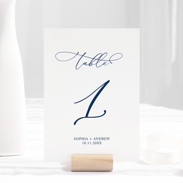 Navy Blue Elegant Calligraphy Table 1 Wedding Table Number (Creator Uploaded)