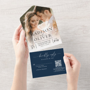 Navy Blue Elegant Classic QR Code Photo Wedding All In One Invitation