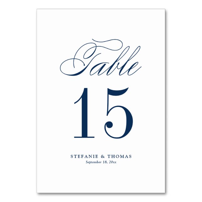 Navy Blue Elegant Classic Script Wedding Table Number (Front)