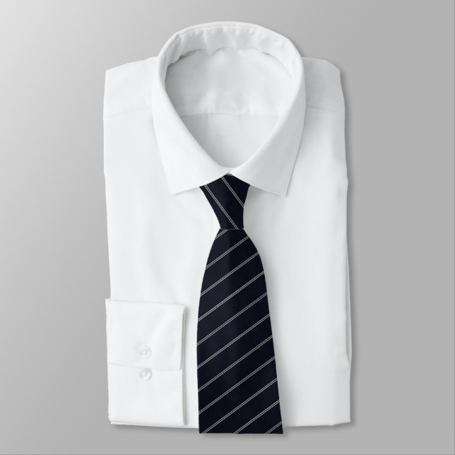 Navy Blue Elegant Classic Stripe Pattern Tie (Tied)