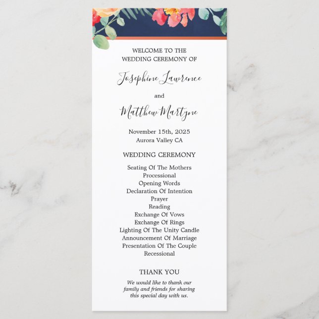 Navy Blue Elegant Coral Floral Wedding Program (Front)