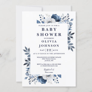 Navy Blue Elegant Country Floral Baby Shower Invitation