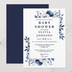 Navy Blue Elegant Country Floral Baby Shower Invitation