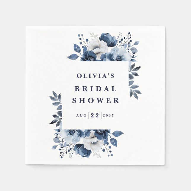 Navy Blue Elegant Country Floral Bridal Shower Napkin (Front)